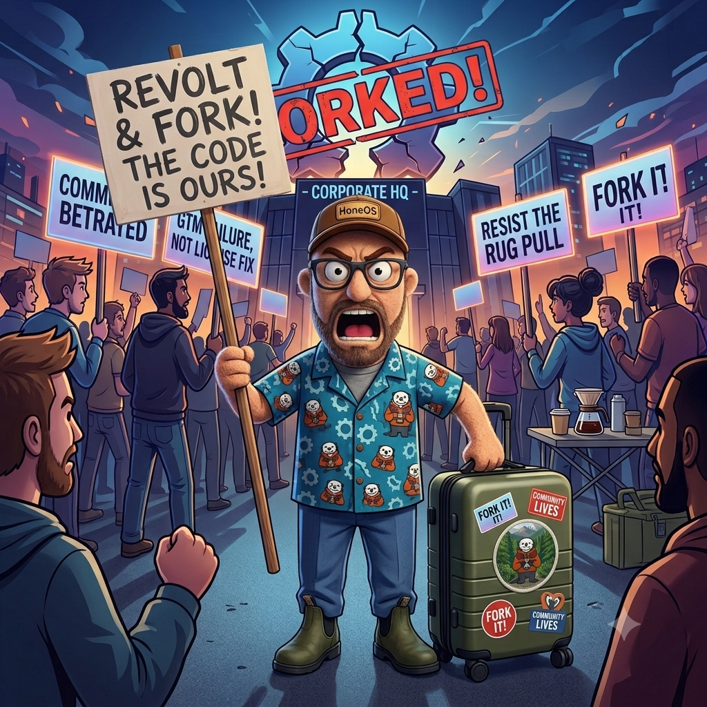 Rebellious programmer figures protesting outside a building labeled 'CLOSED SOURCE LICENSE CHANGE' with a giant cracked open-source logo stamped 'FORKED!' in the background
