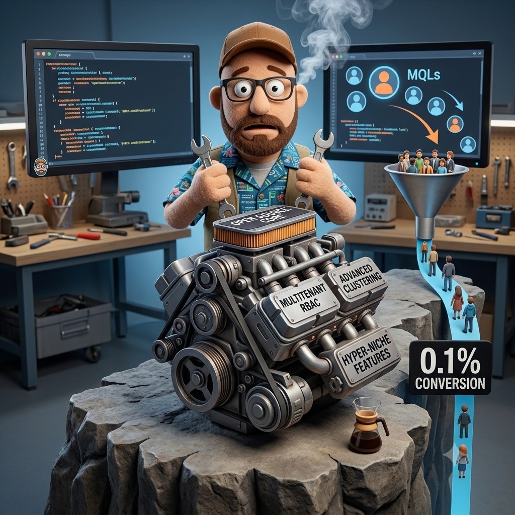 The Overloaded Developer attempting to manage a bloated, complex, sparking Open Source Core engine loaded with unnecessary 'Enterprise-Grade' features