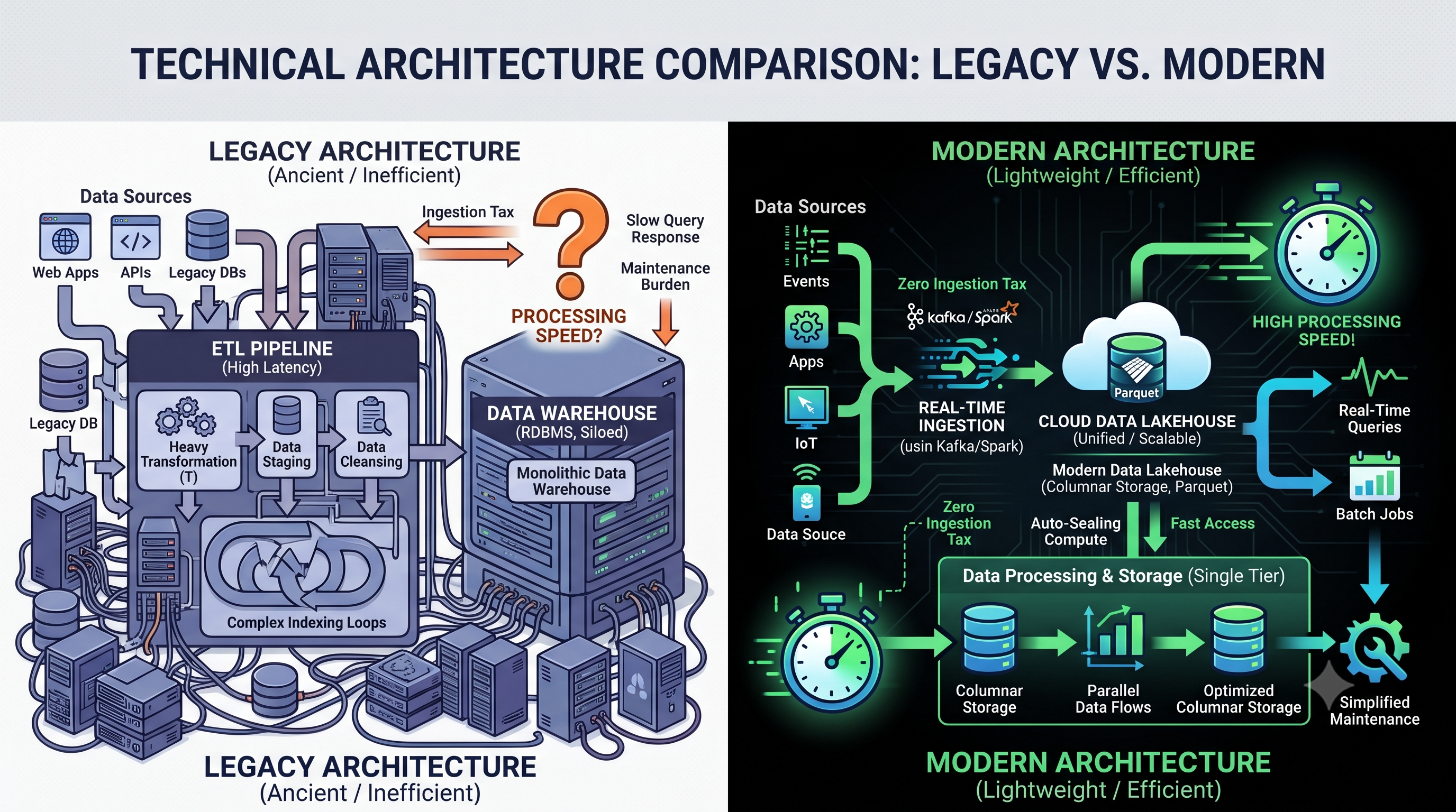 Architectural comparison contrasting legacy inefficiency vs modern speed