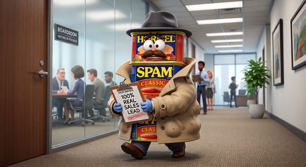 A canned-SPAM character in a trench coat and fedora walks an office hallway holding a clipboard stamped 100% REAL SALES LEAD, Confidential, while a boardroom meeting continues behind glass.